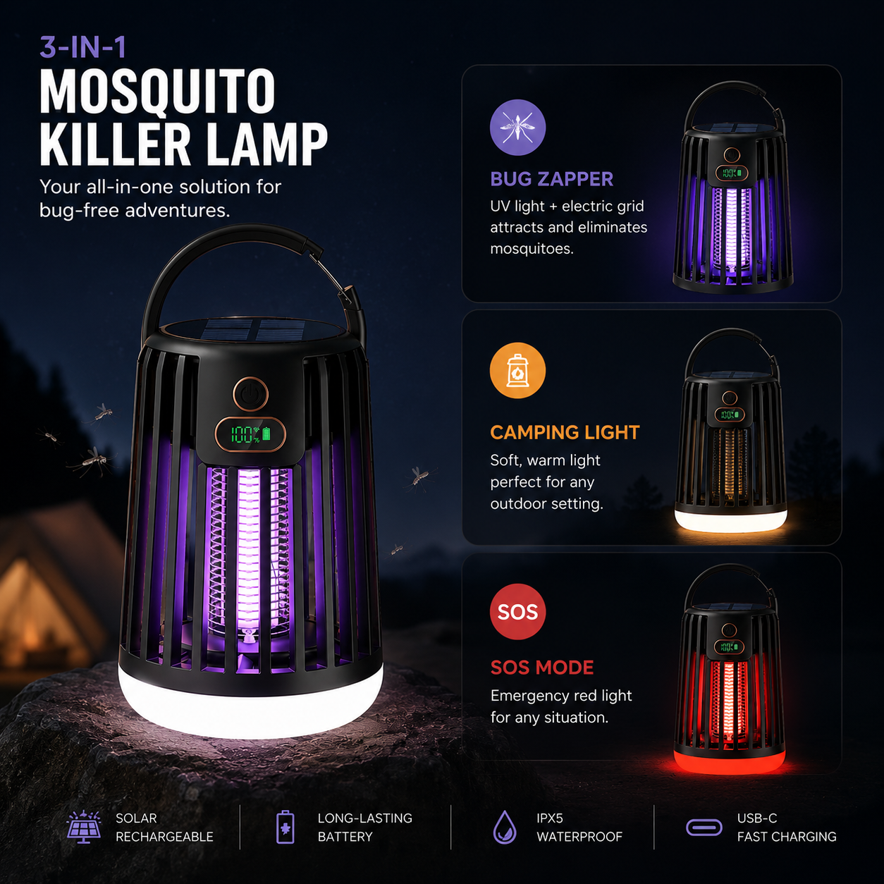 ElectraCamp Glow Series Solar Powered Mosquito Lamp – 3-in-1 Bug Zapper, Camping Light & Emergency SOS Light