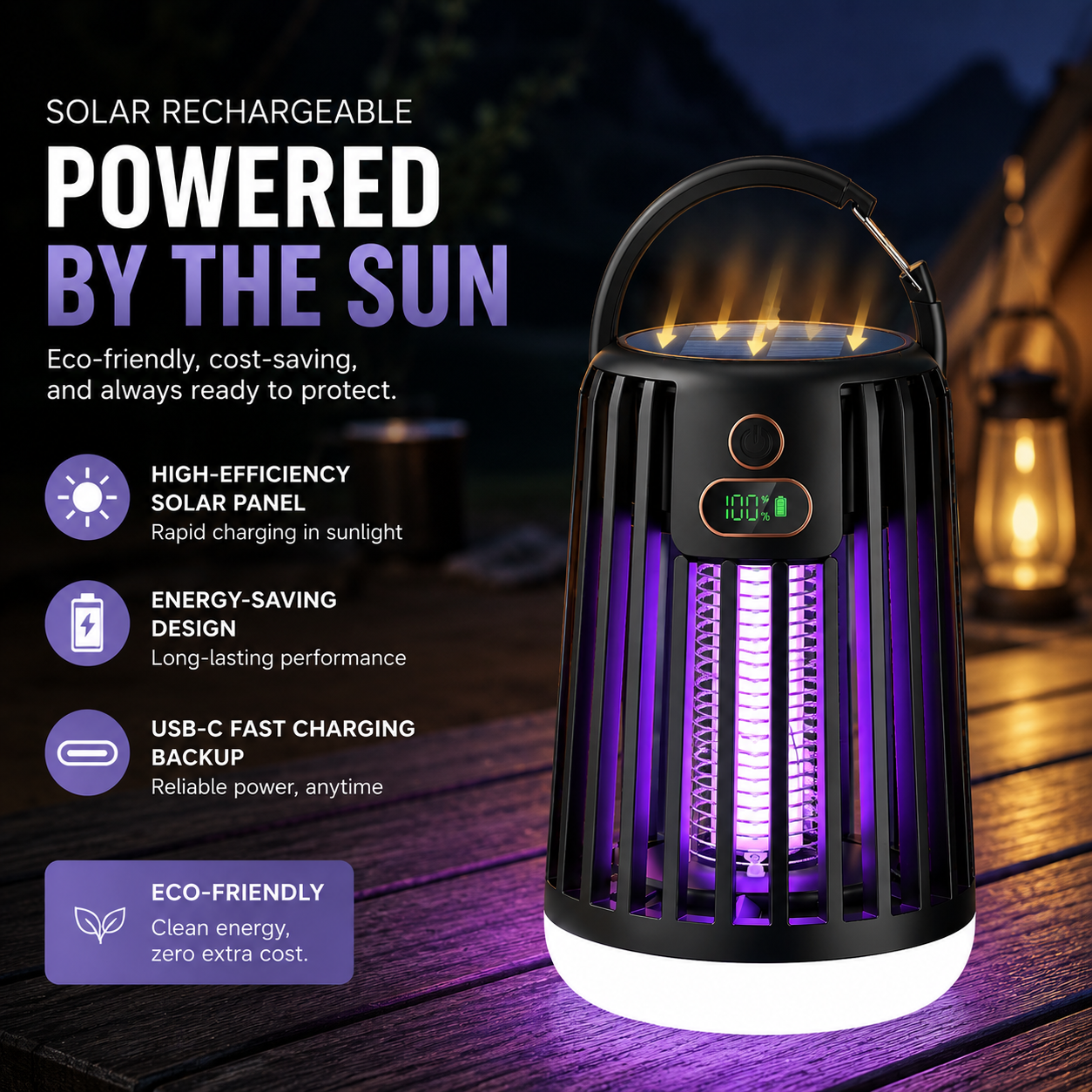 ElectraCamp Glow Series Solar Powered Mosquito Lamp – 3-in-1 Bug Zapper, Camping Light & Emergency SOS Light