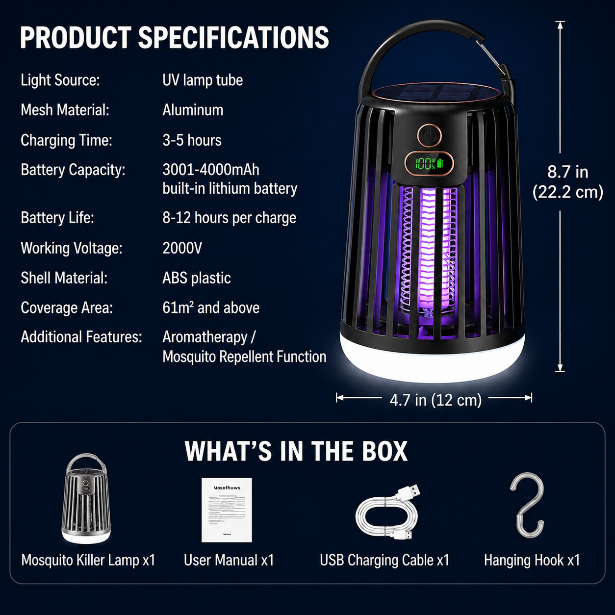 ElectraCamp Glow Series Solar Powered Mosquito Lamp – 3-in-1 Bug Zapper, Camping Light & Emergency SOS Light